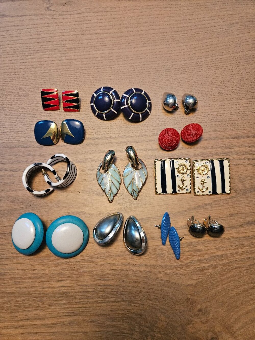 Vintage Enamel Clip On Earrings Lot 12 Pairs Nautical 80s Navy Red Gold Costume